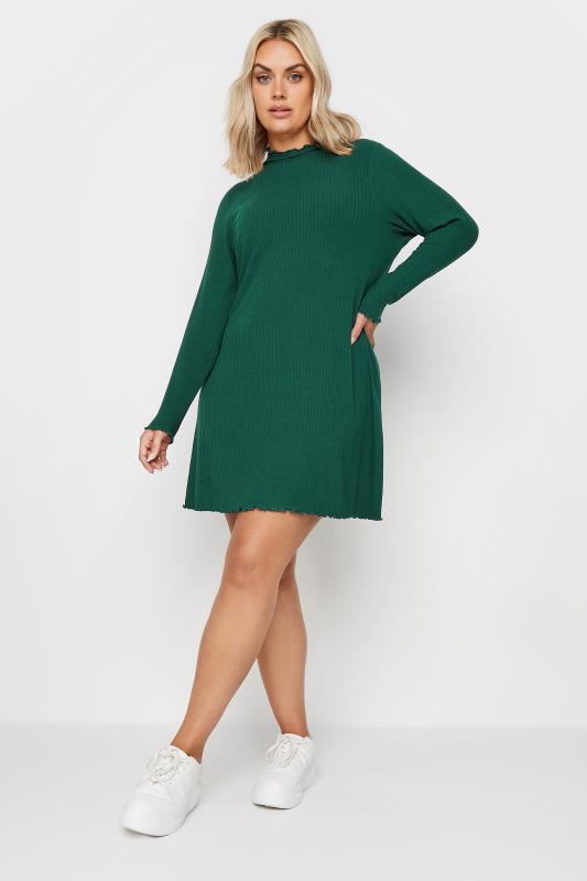 YOURS Plus Size Forest Green Ribbed Lettuce Hem Tunic Dress | Yours Clothing 1