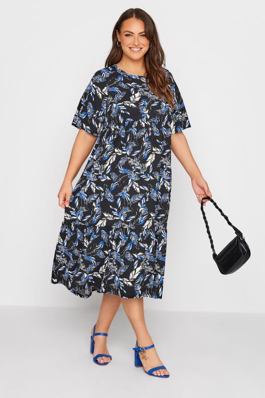 Plus Size Black Floral Print Tiered Midi Dress | Yours Clothing  2