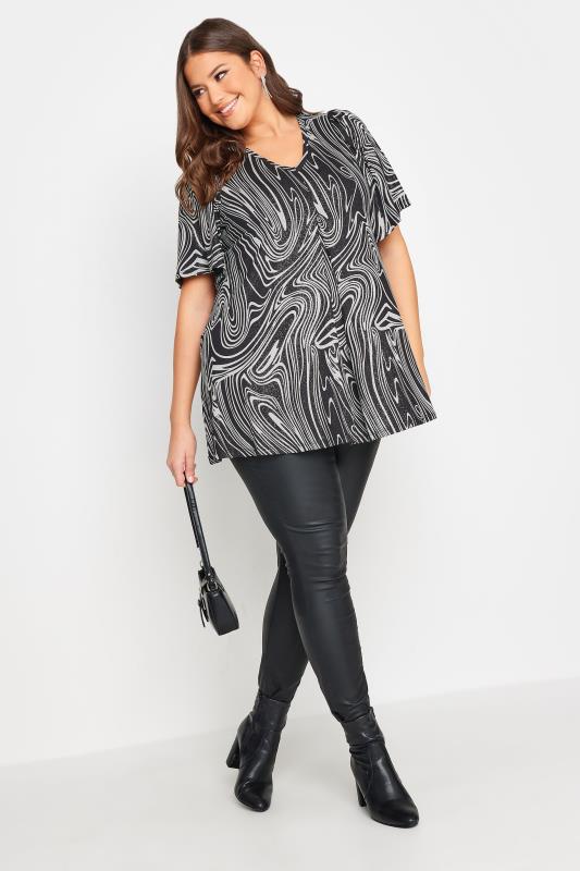YOURS Plus Size Black Foil Swirl Print Pleat Front Swing Top | Yours Clothing 2