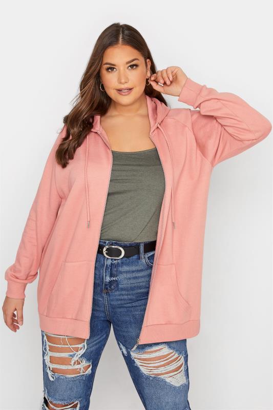 Plus Size Pink Basic Zip Through Hoodie | Yours Clothing  1