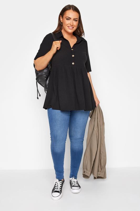 LIMITED COLLECTION Plus Size Black Ribbed Button Through Peplum Top | Yours Clothing 2