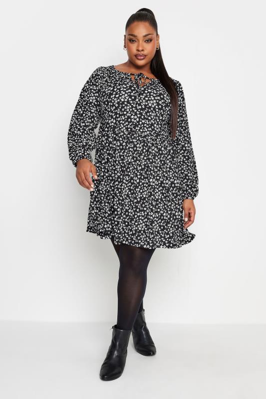 YOURS Plus Size Black Ditsy Floral Print Textured Mini Dress | Yours Clothing 1