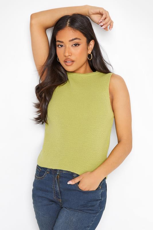 Petite Lime Green High Neck Knitted Vest Top | PixieGirl  2