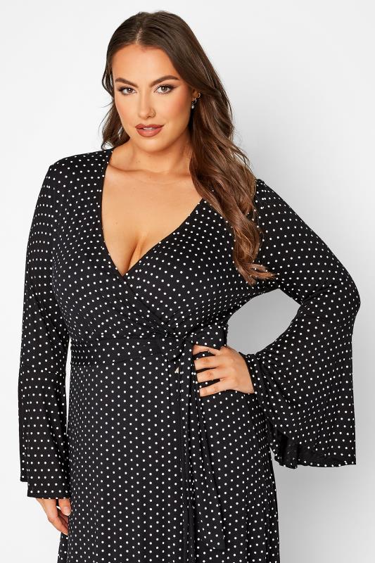 LIMITED COLLECTION Plus Size Black Polka Dot Flare Sleeve Wrap Dress | Yours Clothing 4