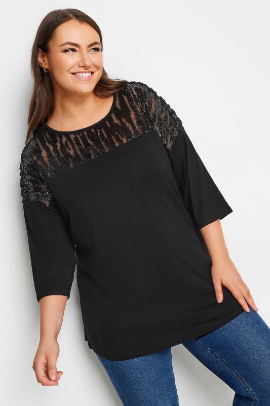 YOURS Plus Size Black Sequin Mesh Top | Yours Clothing 1