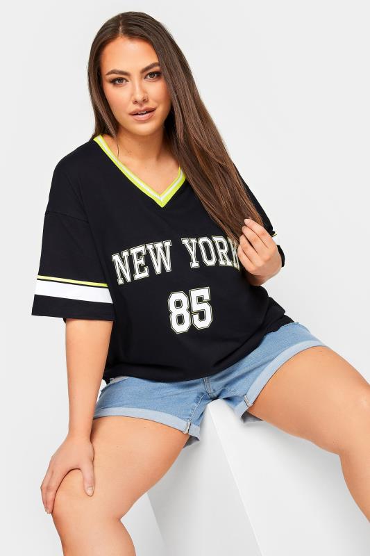 Plus Size Yours Curve Black 'New York' Slogan Varsity Tshirt Size 26-28 | Women's Plus Size and Curve Fashion