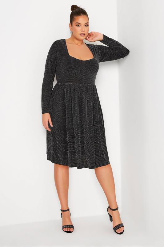 LIMITED COLLECTION Plus Size Black & Silver Glitter Sweetheart Neck Dress | Yours Clothing 1