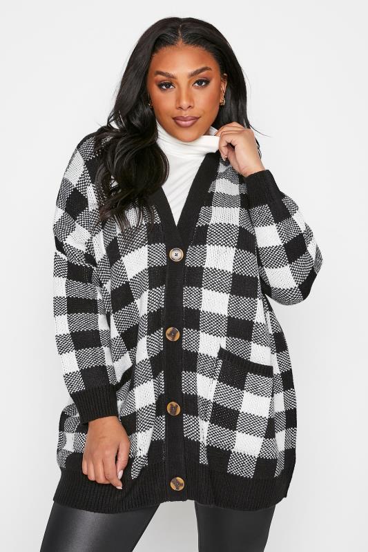 Plus Size Curve Black & White Gingham Button Knitted Cardigan | Yours Clothing 1