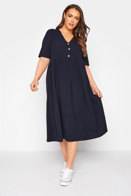LIMITED COLLECTION Curve Navy Blue Ribbed Peplum Midi Dress_A.jpg