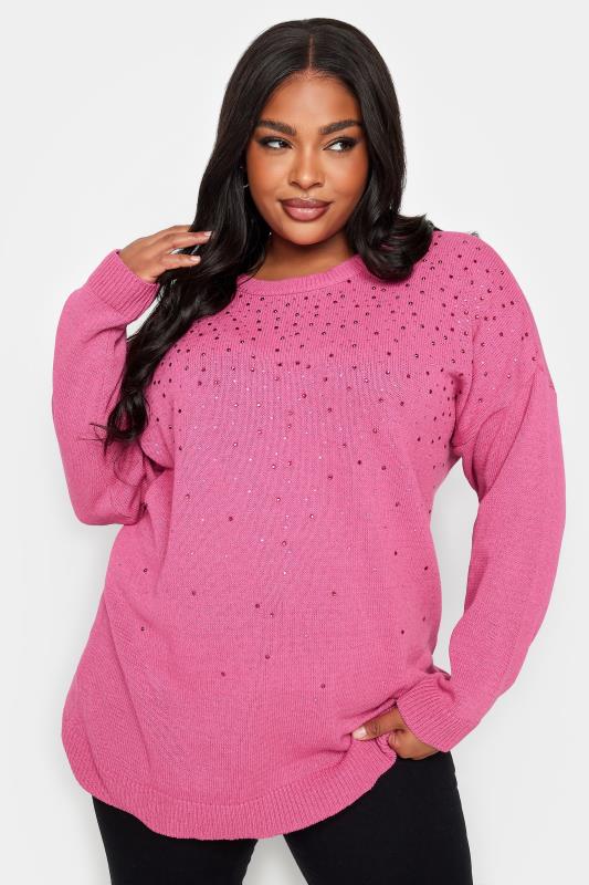 Plus Size  YOURS Curve Pink Embellished Knitted Jumper