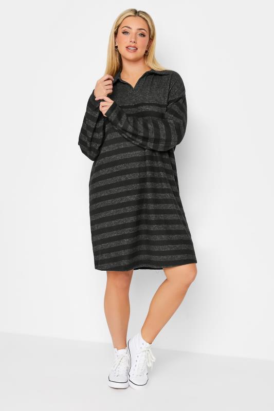 YOURS LUXURY Curve Black Stripe Open Collar Soft Touch Dress | Yours Clothing 2