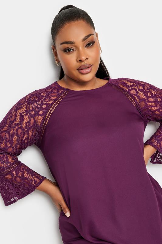 YOURS LONDON Curve Purple Lace Flute Sleeve Top | Yours Clothing 4