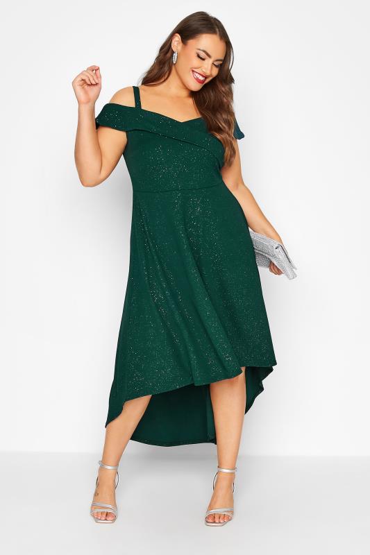  Grande Taille YOURS LONDON Curve Green Glitter Bardot High Low Dress