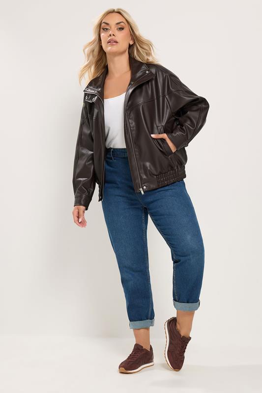 YOURS Plus Size Chocolate Brown Faux Leather Funnel Neck Jacket | Yours Clothing 2