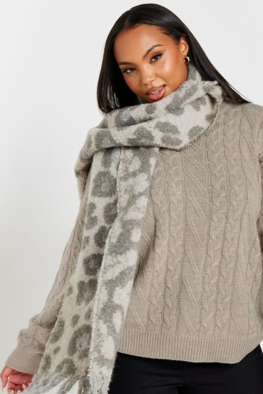  Grande Taille Grey Leopard Print Tassel Trim Chunky Scarf