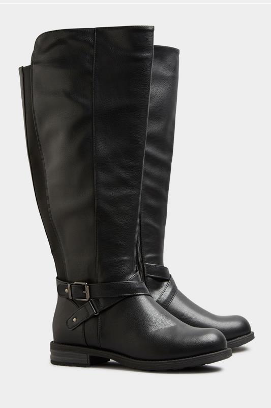 Black Faux Leather Knee High Boots In Extra Wide Fit 1
