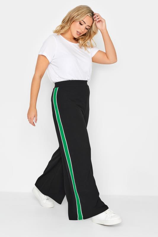 YOURS PETITE Plus Size Black & Green Side Stripe Wide Leg Trousers | Yours Clothing 2