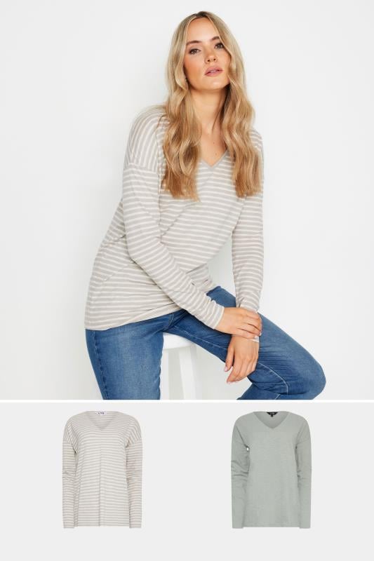 LTS Tall Women's 2 PACK Grey & Stone Brown Stripe Long Sleeve T-Shirts | Long Tall Sally 1