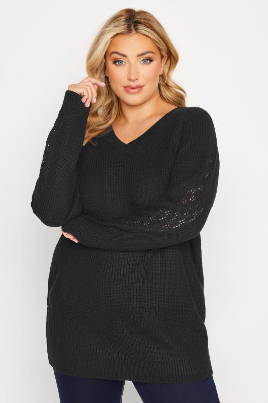 Plus Size Black Pointelle Sleeve V-Neck Knitted Jumper | Yours Clothing 1
