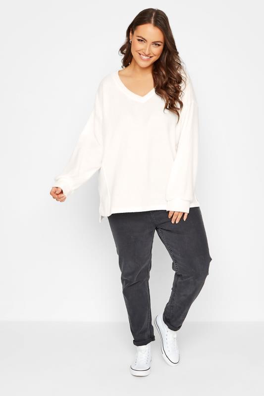 Plus Size White V-Neck Soft Touch Fleece Sweatshirt | Yours Clothing 2
