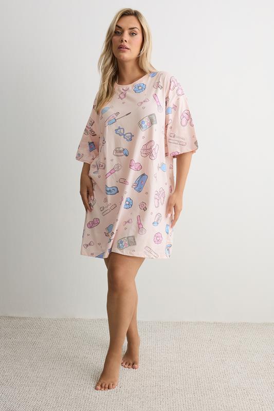 YOURS Plus Size Pink Girly Print T-Shirt Nightdress | Yours Clothing 1