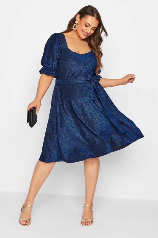 YOURS LONDON Plus Size Blue Glitter Puff Sleeve Midi Dress | Yours Clothing 1