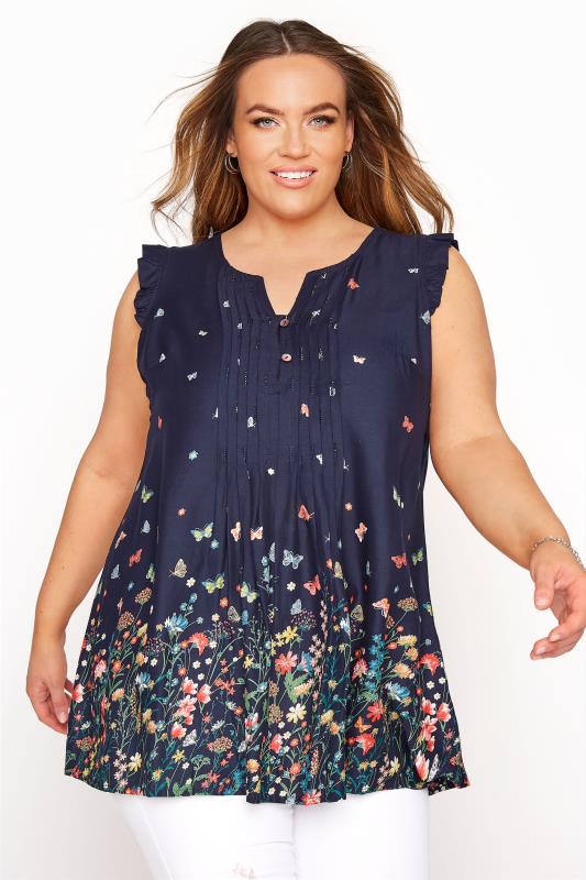 Navy Blue Floral Sleeveless Blouse | Yours Clothing 1