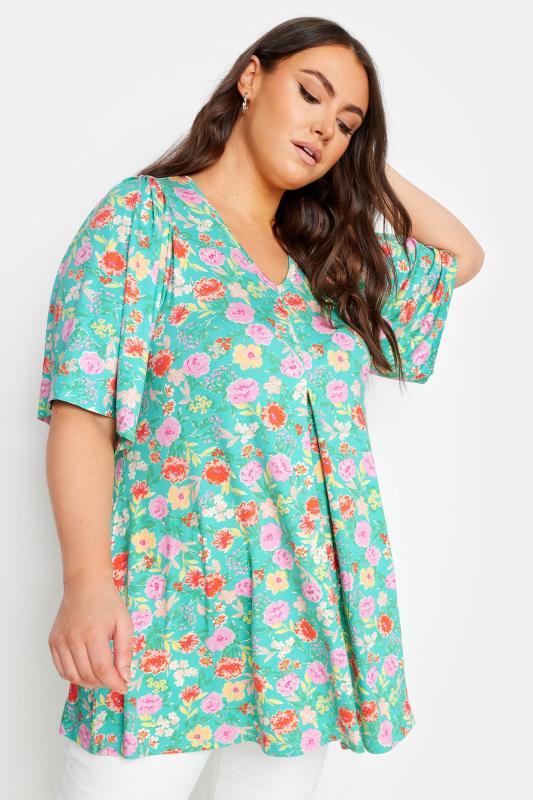 YOURS Plus Size Blue Ditsy Floral Print Swing Top | Yours Clothing 1