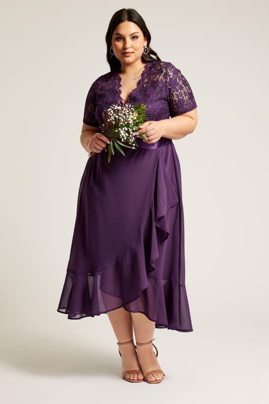  YOURS LONDON Curve Purple Lace Wrap Ruffle Midi Dress