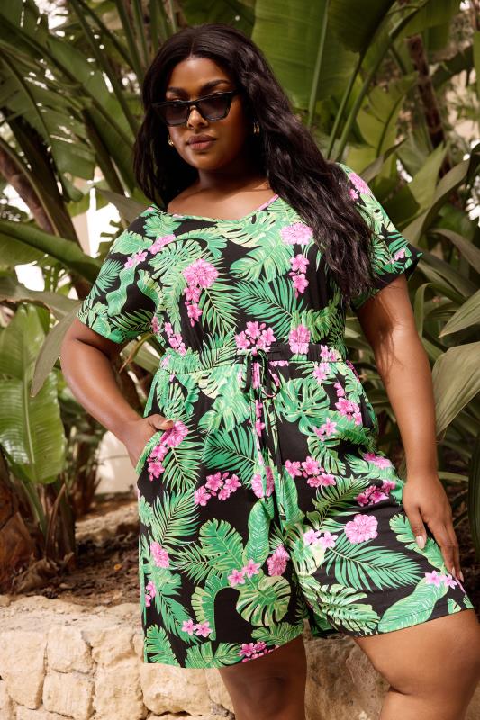 LIMITED COLLECTION Plus Size Black Tropical Print Drawstring Playsuit | Yours Clothing 1