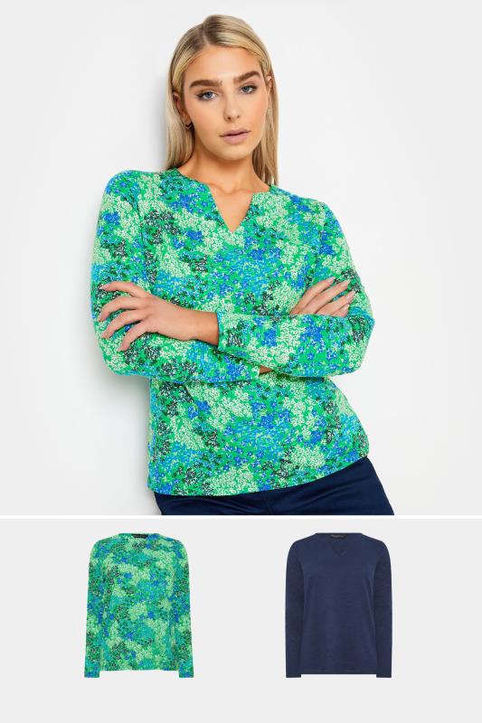 M&Co 2 Pack Green & Navy Ditsy Floral Notch Neck Long Sleeve Tops | M&Co 1
