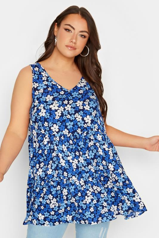 YOURS Plus Size Blue Floral Print Crinkle Vest Top | Yours Clothing 1