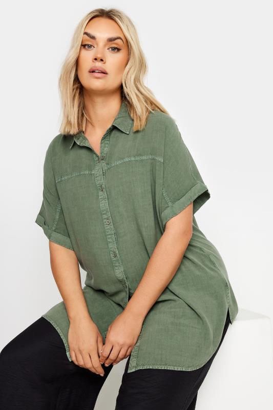 Plus Size  Khaki Green Chambray Shirt