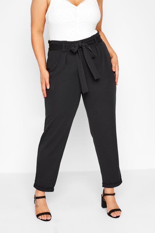 Plus Size Black Scuba Belted Stretch Tapered Trousers | Yours Clothing 1