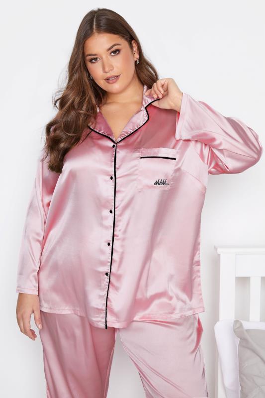 Plus Size Pink Contrast Piping Satin Pyjama Set | Yours Clothing 2