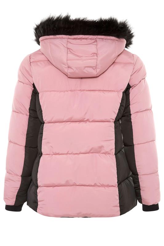 Plus Size Pink & Back Colour Block Padded Puffer Coat | Yours Clothing 7