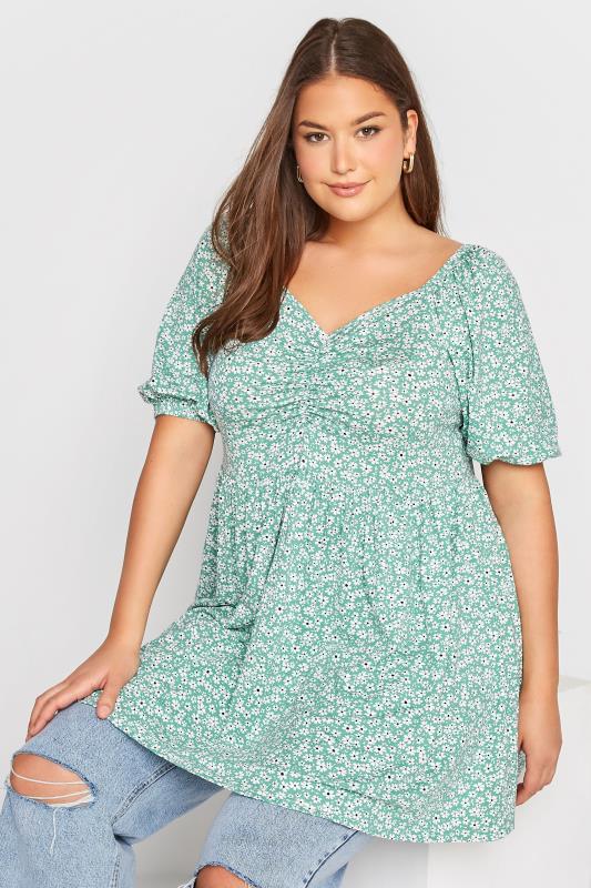 Plus Size Green Floral Ruched Top | Yours Clothing 4