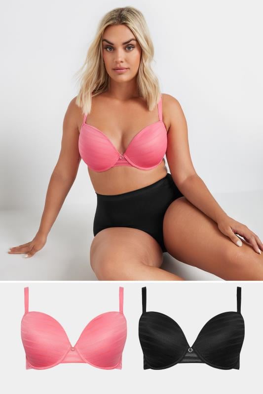 YOURS Plus Size 2 PACK Black & Pink Padded Underwired T-Shirt Bras | Yours Clothing  1