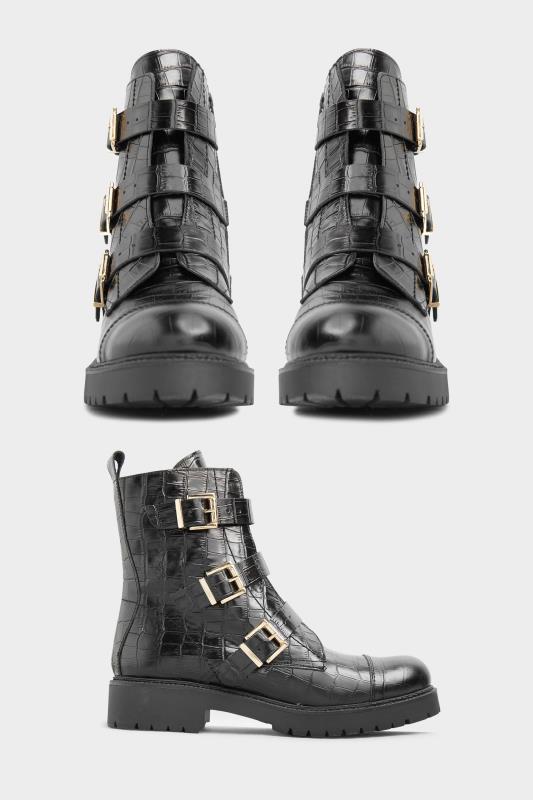 LTS Black Leather Croc Buckle Strap Boots In Standard Fit | Long Tall Sally 3