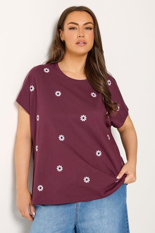  YOURS Curve Burgundy Red Embroidered Daisy T-Shirt