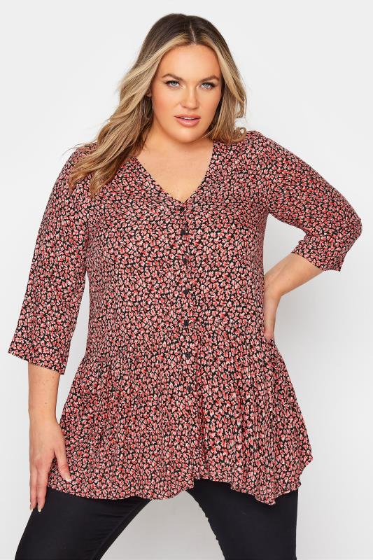 Plus Size Red Ditsy Print Button Through Peplum Blouse | Yours Clothing 1