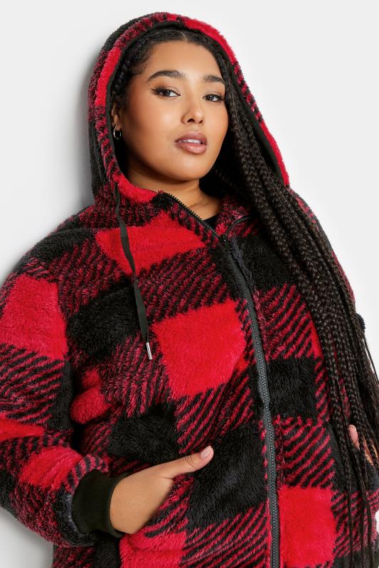 YOURS Plus Size Red Check Zip Through Fleece Hoodie | Yours Clothing 5