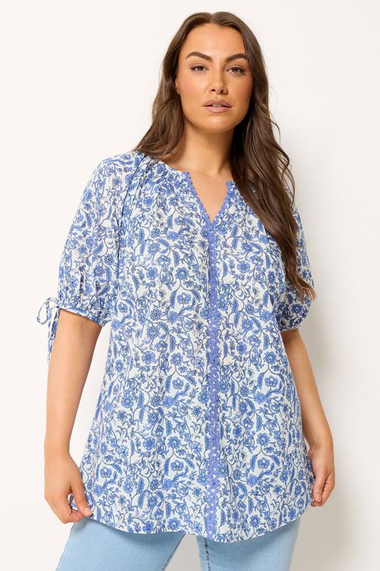  YOURS blusa azul con estampado floral y ribete en contraste