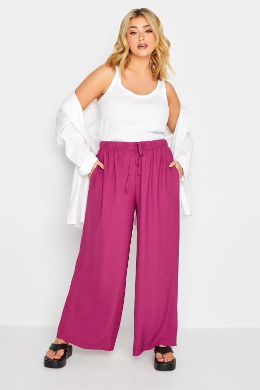 YOURS Plus Size Pink Washed Twill Wide Leg Trousers | Yours Clothing 2