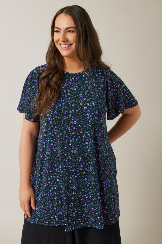 EVANS Plus Size Navy Blue Ditsy Floral Angel Sleeve Top | Evans 2