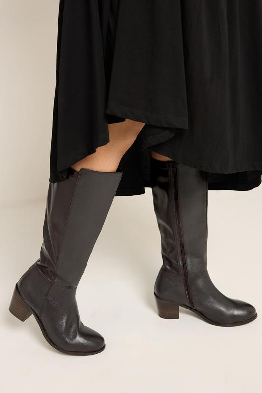 Dark Brown Real Leather Knee High Boots In Wide E Fit | Yours Clothing 1