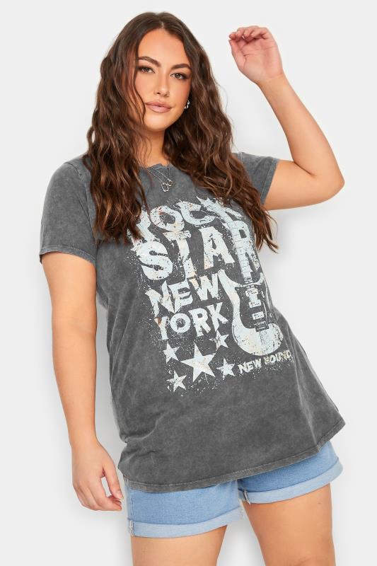 YOURS Plus Size Grey Acid Wash 'Rock Star' Printed T-Shirt | Yours Clothing 1