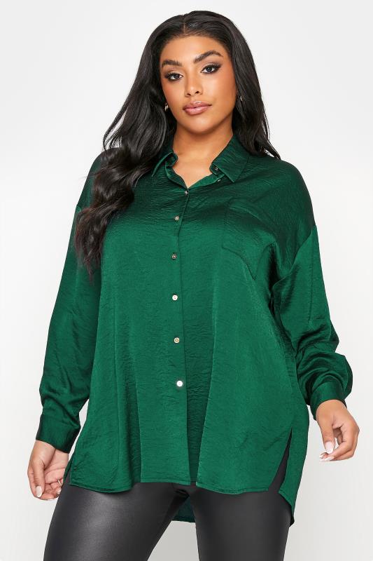 Plus Size  YOURS LONDON Emerald Green Oversized Satin Shirt