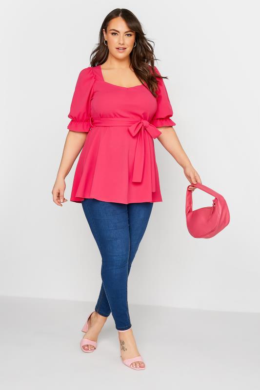 YOURS LONDON Plus Size Hot Pink Sweetheart Peplum Top | Yours Clothing 2