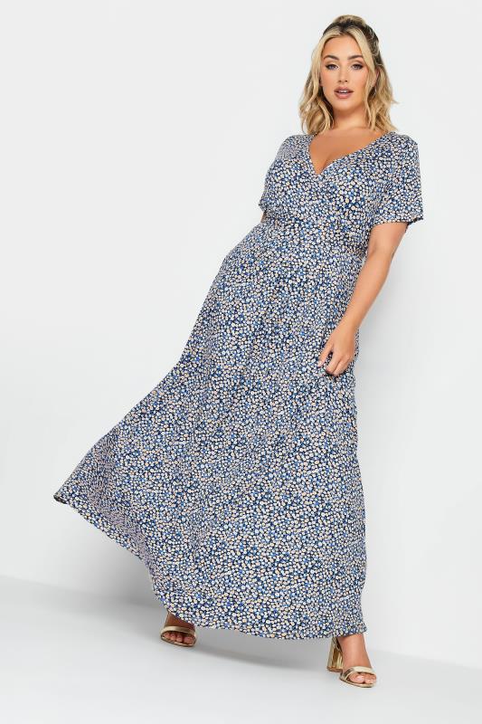 Plus Size  YOURS Curve Blue Ditsy Flower Wrap Maxi Dress